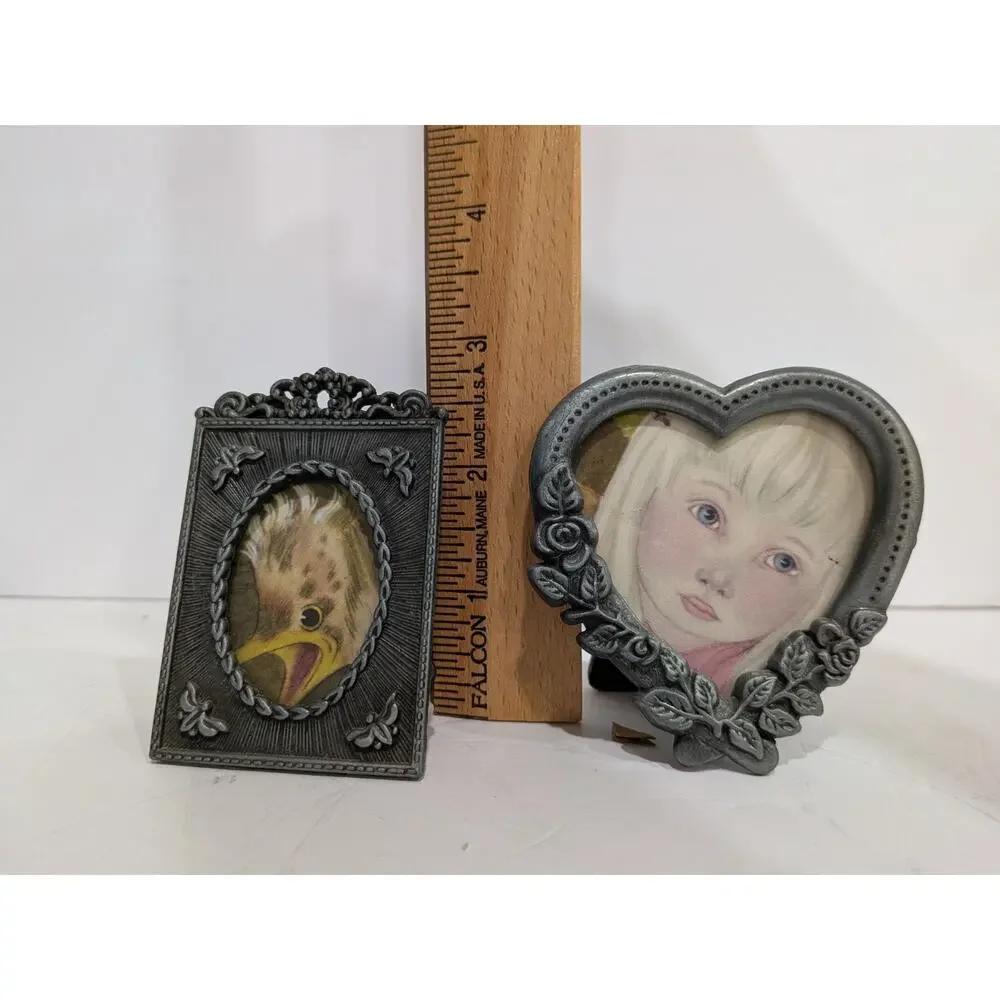 Vintage Pewter Miniature Picture Frames Set of 2 Heart Roses Ornate Filigree